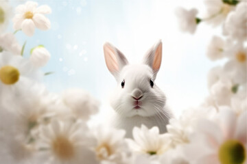Lovely bunny easter fluffy baby white rabbit with daisy flowers nature background. Symbol of easter day festival. summer season. - obrazy, fototapety, plakaty