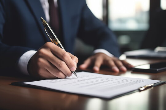 Man signing an official document. Close up businessman with pen in hands, ready signing paper,  executive manager, Generated AI
