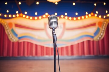 close-up of a vintage microphone on an empty comedy club stage