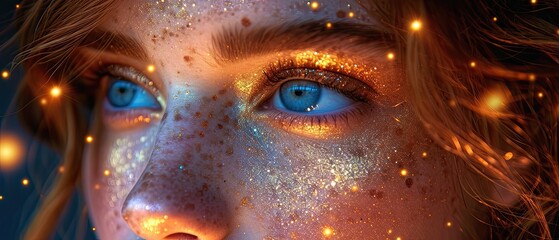closeup Beautiful female model with glitter on her face in a party atmosphere with elegant makeup.Generative AI