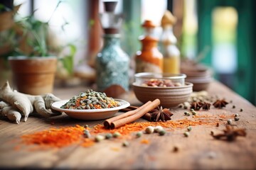 rustic table with kurma centered among spices