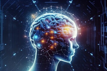 head with brain. The human brain glows with neural connections, the work of the human brain. Information processing by a robot. AI training.