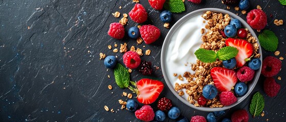 Bowl of homemade granola with yogurt and fresh berries on marble background from top...
