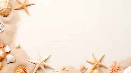 Fototapeta na wymiar Banner with frame of sand, starsfishes and shells, greeting card with a sea, beach theme.Summer time concept.Flat lay with starfish and sea shells on blue background, top view with copy space for text