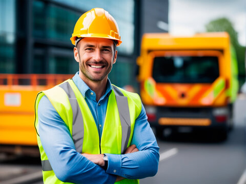 Portrait of smiling male engineer in helmet standing with arms crossed on construction site