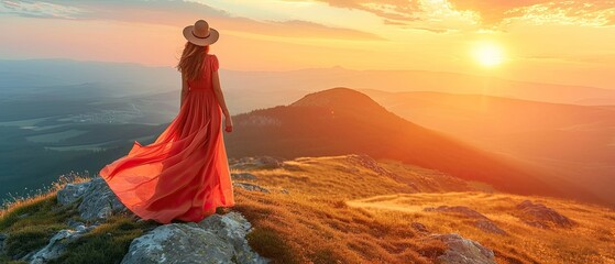 woman in a long dress and hat on the top of the mountain with a city landscape in the background.Generative AI