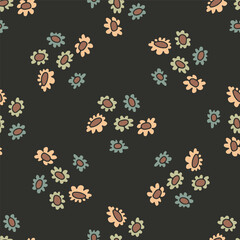 Ditsy seamless pattern with pretty flowers on black background. Retro floral repeat pattern.