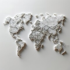 white string art map of the world is displayed on a white wall