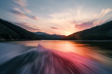 Fototapeta premium A blurred motion captures the dynamic flow of a river or lake in the mountains at sunset, suitable for a serene background