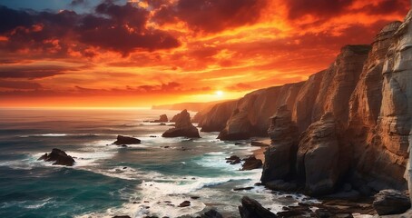 A dramatic coastal cliffs with waves crashing against rugged rocks. Show a fiery sunset casting warm hues over the cliffs, with seabirds gliding in the salty breeze.  - Generative AI