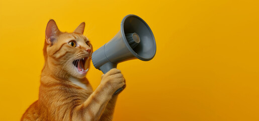 Funny ginger red cat holding gray megaphone loudspeaker in its paws and meowing isolated on yellow background with copy space. Notifying, warning, announcement, advertising and attention. - obrazy, fototapety, plakaty