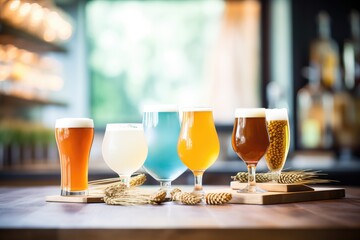 wooden table with various craft beers in pint glasses