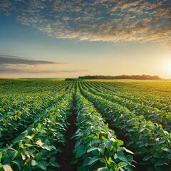 Soy field and soy plants in early morning light