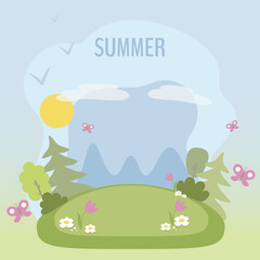 Cute landscape in simple cartoon style. Vector illustration of summer for children's books, cards, stickers.