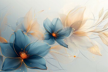 Fototapeta premium An artistic illustration of abstract flowers with translucent petals in blue and gold tones.