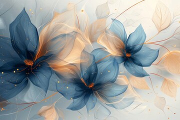 An artistic illustration of abstract flowers with translucent petals in blue and gold tones.
