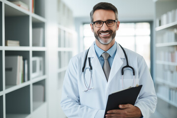 Pharmacist Expertise Confident Man in White Coat Holding Clipboard and Medication