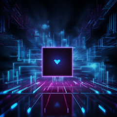 Obraz premium Neon heart on a cybernetic abstract background