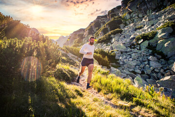 trail runner running in mountain landscape at sunset active lifestyle - obrazy, fototapety, plakaty