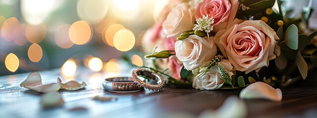 Two wedding rings with bouquet of flowers on table, blurred background - obrazy, fototapety, plakaty