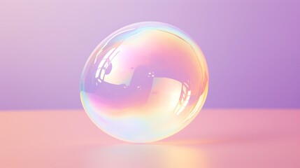 A transparent orb rests on a surface where the pastel pink meets the gentle blue, its reflection revealing the subtleties of light and color blending into a dreamlike vista.