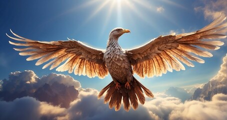 A majestic bird soaring high above the clouds, its wings spread wide and its feathers glistening in the sunlight - Generative AI