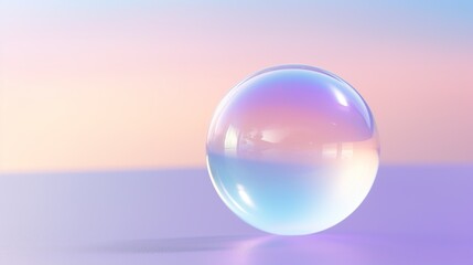 An iridescent sphere graces a pastel-hued surface, its surface reflecting a spectrum of soft colors, creating a visual harmony that is both calming and enchanting.