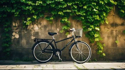 Fototapeta premium A classic black bicycle with a basket rests against an old wall covered in lush green leaves, embodying a scene of urban tranquility and eco-friendly transportation.