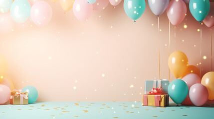 Children's birthday background with many balloons in pastel tones