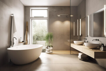 Design of a modern bathroom interior, shower cabin with toilet, sink in light colors.
