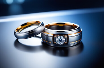 Two futuristic-style wedding rings are lying next to each other, a wedding or engagement in the bush, fantastic