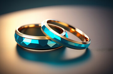 Two futuristic-style wedding rings are lying next to each other, a wedding or engagement in the bush, fantastic
