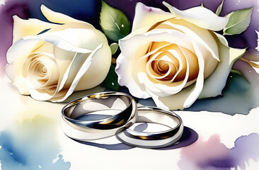 Two wedding rings lie side by side, against a background of white roses, a postcard, an invitation to a wedding or engagement, in watercolor style