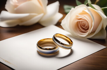 Two wedding rings lie side by side, against a background of white roses, a postcard, an invitation to a wedding or engagement