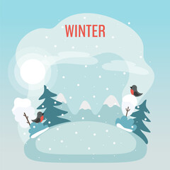 Cute landscape in simple cartoon style. Vector illustration of winter for children's books, cards, stickers