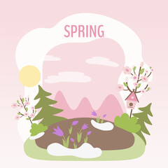 Cute landscape in simple cartoon style. Vector illustration of spring for children's books, cards, stickers.