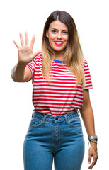 Young beautiful woman casual look over isolated background showing and pointing up with fingers number five while smiling confident and happy.