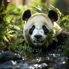 Photo of a gentle giant panda in a bamboo forest. Generative AI