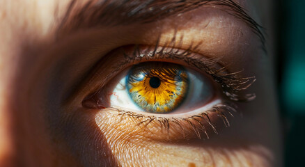 Obraz premium Vibrant Fusion, A Mesmerizing Close-Up Journey Through a Blue and Yellow Celestial Eye. Generative AI.