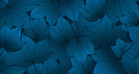 Dark blue botanical background with leaves. Mysterious blue background, wallpaper, poster, banner, postcard