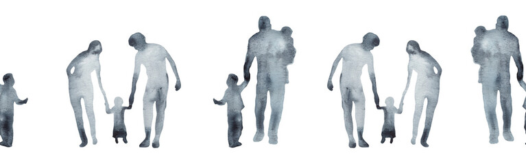 Watercolor border with silhouettes of people. Brush strokes in the form of blue silhouettes of people,Silhouette of family on white background.