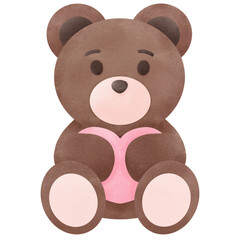 Brown teddy bear hugs pink heart watercolor clip art