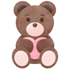 Obraz premium Brown teddy bear hugs pink heart watercolor clip art
