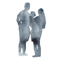 Watercolor silhouettes of people drawn by brush. Brush strokes in the form of black silhouettes of people,silhouette of family on white background.