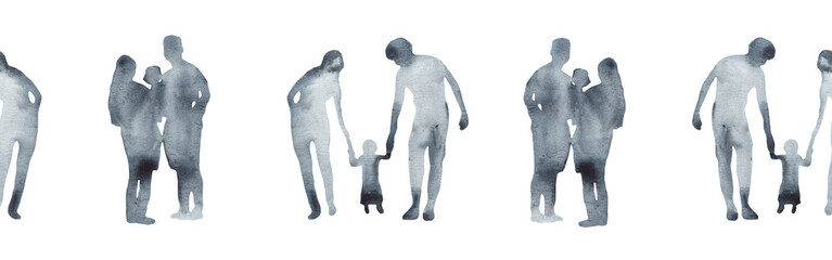 Obraz premium Watercolor border with silhouettes of people. Brush strokes in the form of blue silhouettes of people,Silhouette of family on white background.
