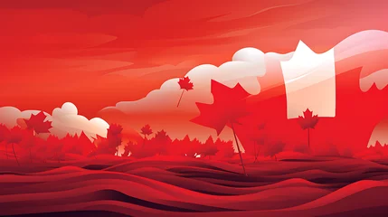 Fotobehang a field of Canadian flags waving in the wind, symbolizing unity and pride, creating a visually impactful Canada Day 2024 card in high definition © Nehal