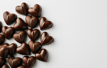 Obraz premium Heart-shaped chocolates on white background, copy space. Holiday, Valentine's day, love. Photorealistic, background with bokeh effect. 
