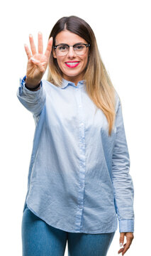 Young beautiful business woman wearing glasses over isolated background showing and pointing up with fingers number four while smiling confident and happy.