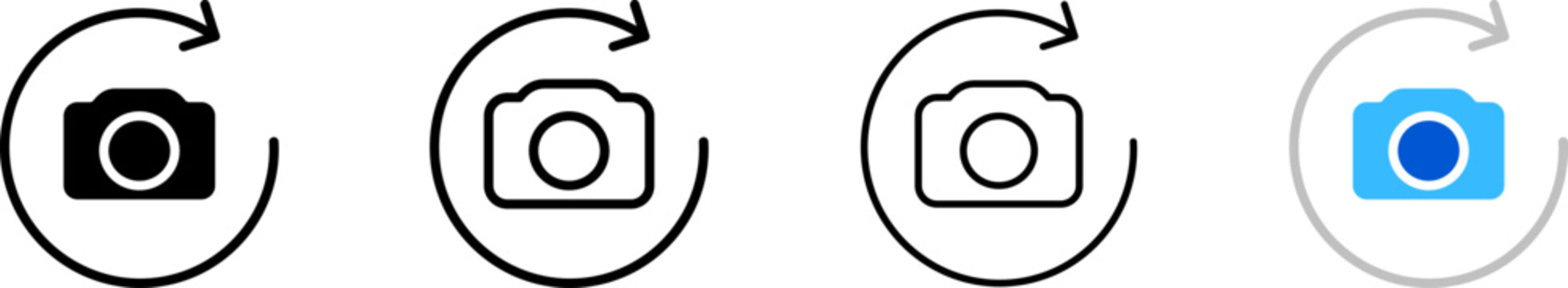 Camera with arrow in circle icons. Different styles, camera with arrow icons. Vector icons