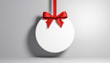 blank white rounded square sign or empty white present mock up button signboard with red gift ribbon bow on grey wall background with shadow minimal concept 3d rendering illustration - obrazy, fototapety, plakaty